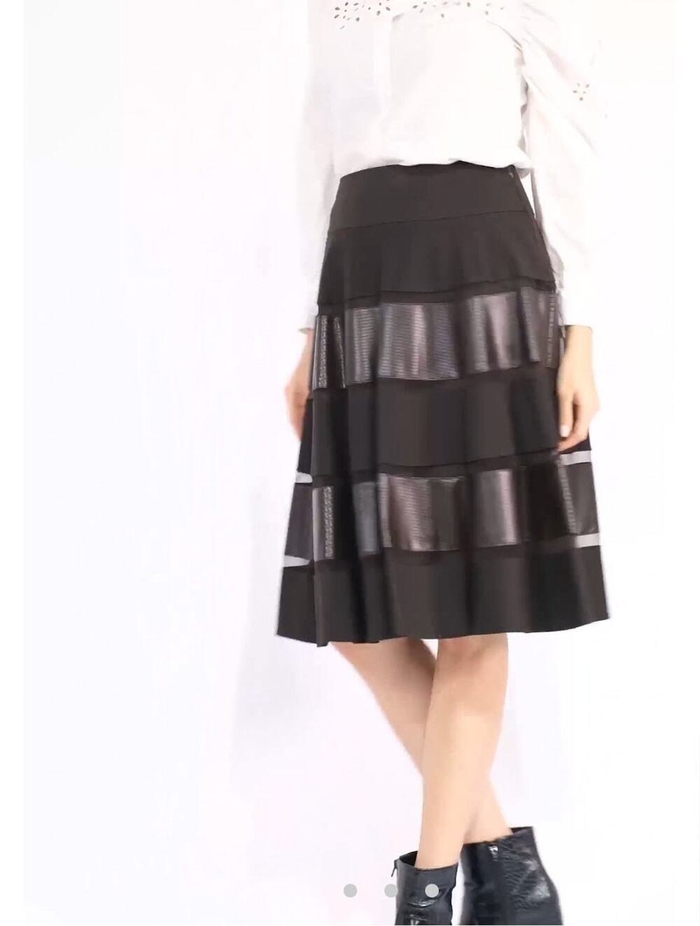 GUZELLA Womens 10 Brown Mixed Media Skirt with Sheer, Faux Leather Rows A-line